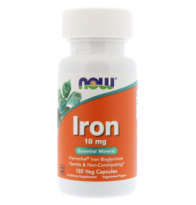 Залізо, Iron, Now Foods, 18 мг, 120 вегетаріанських капсул