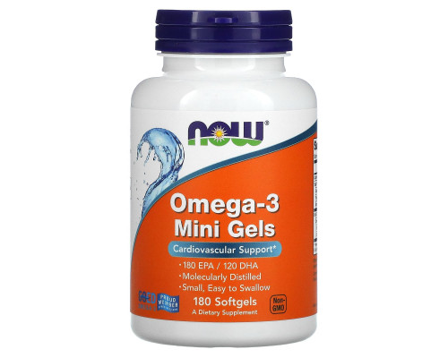 Омега-3, Omega-3 Mini Gels, Now Foods, 180 ЕПК/120 ДГК, 180 гелевих капсул