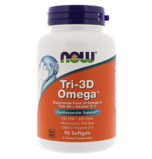 Риб'ячий жир в капсулах + D3, Tri-3D Omega, Now Foods, 330 EPA/220 DHA, 90 гелевих капсул