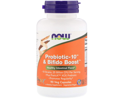 Пробіотик-10 з Bifido Boost, Probiotic-10, Now Foods, 25 млрд КУО, 90 вегетаріанських капсул