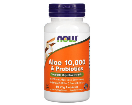 Алое вера 10000 і пробіотики, Aloe & Probiotics, Now Foods, 60 вегетатаріанських капсул