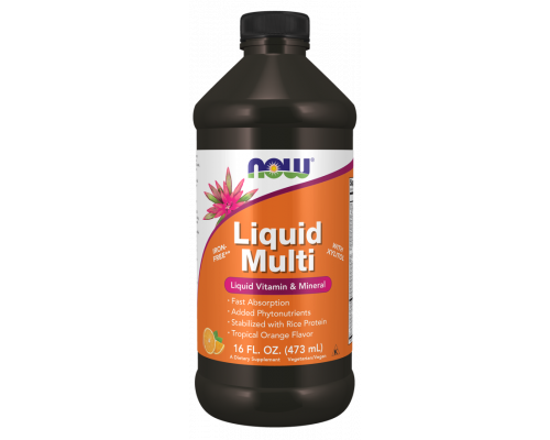Мультивітаміни, Liquid Multi, Now Foods, рідкі, без заліза, тропічний апельсин, 473 мл