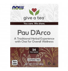 По д'арко, Pau D'Arco, Now Foods, Real Tea, без кофеїну, 24 чайних пакетика, 48 г