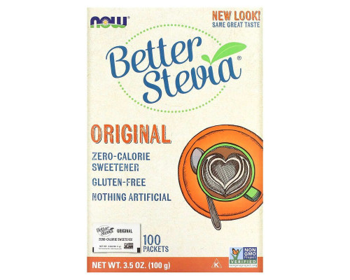 Стевія, BetterStevia, Now Foods, підсолоджувач з нульовою калорійністю, оригінальний, 100 пакетів, 100 г