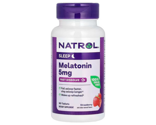 Мелатонін, Melatonin, Natrol, швидкорозчинний, смак полуниці, 5 мг, 90 таблеток