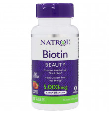 Біотин, Biotin, смак полуниці, Natrol, 5000 мкг, 90 таблеток