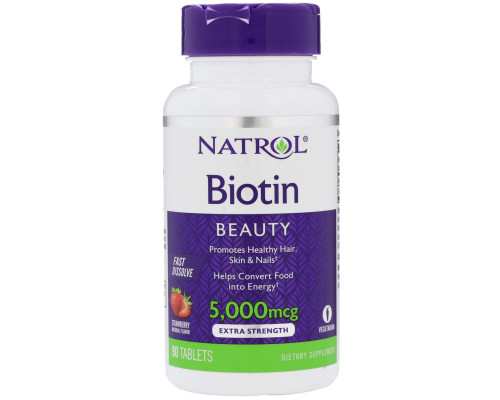 Біотин, Biotin, смак полуниці, Natrol, 5000 мкг, 90 таблеток