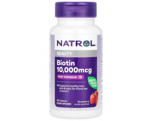 Біотин, Biotin, Natrol, полуниця, 10000 мкг, 60 таблеток