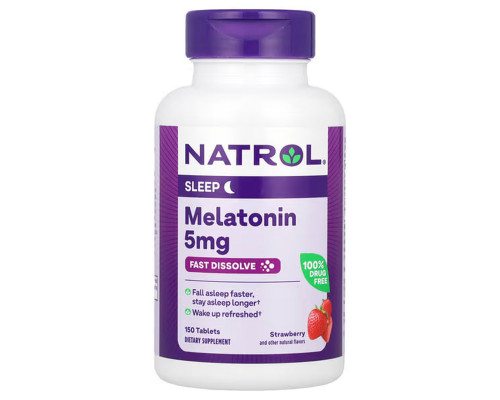 Мелатонін швидкого вивільнення, смак полуниці, Melatonin Fast Dissolve, Natrol, 5 мг, 150 таблеток