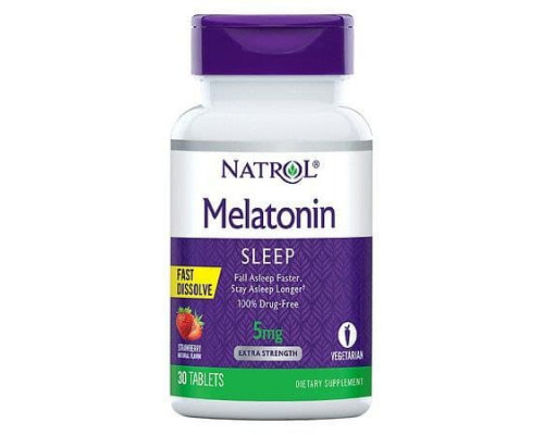 Мелатонін, Melatonin, Natrol, швидкорозчинний, смак полуниці, 5 мг, 30 таблеток