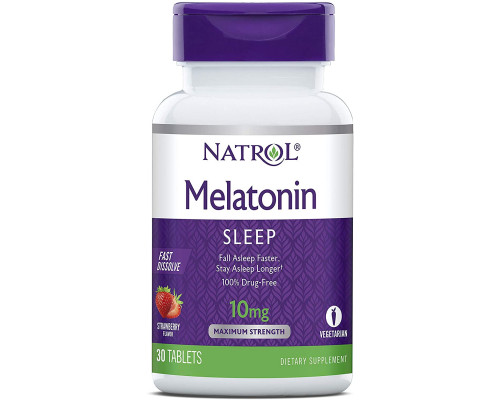 Мелатонін, Melatonin, Natrol, швидкорозчинний, смак полуниці, 10 мг, 30 таблеток