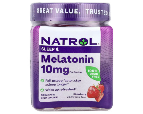 Мелатонін, Melatonin Gummies, Natrol, смак полуниці, 10 мг, 90 жувальних цукерок (5 мг у кожній жувальній цукерці)