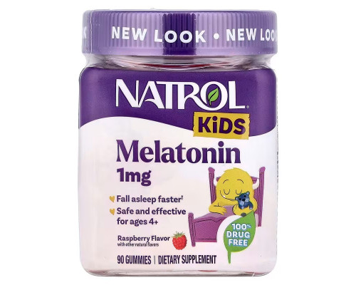 Мелатонін для дітей від 4 років, Kids, Melatonin Gummies, Natrol, зі смаком малини, 1 мг, 90 жувальних цукерок
