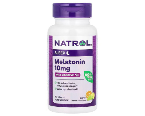 Мелатонін, Melatonin, Natrol, швидкорозчинний, максимальна сила, цитрусовий, 10 мг, 60 таблеток для розсмоктування