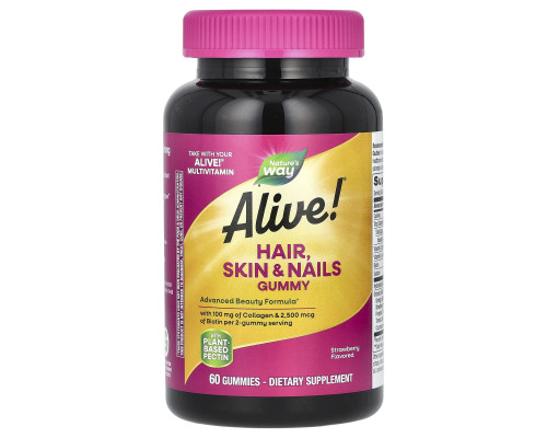 Мультивітаміни для волосся, шкіри та нігтів, Hair, Skin & Nails Gummies, Nature's Way, Alive!, 60 жувальних цукерок