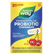 Пробіотики для дітей, Primadophilus® Kids Probiotic Chewable, для дітей від 2 років, з вишневим смаком, 3 млрд КУО, 30 жувальних таблеток