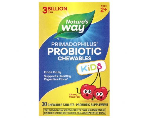 Пробіотики для дітей, Primadophilus® Kids Probiotic Chewable, для дітей від 2 років, з вишневим смаком, 3 млрд КУО, 30 жувальних таблеток