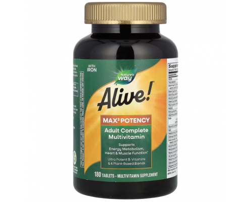 Мультивітаміни із залізом, Adult Complete Multivitamin, Natures Way, Alive! для дорослих, 3 таблетки на день, 180 таблеток