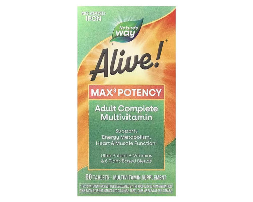 Мультивітаміни, 3 на день, Alive!® Max3 Potency, Nature's Way, без заліза, 90 таблеток