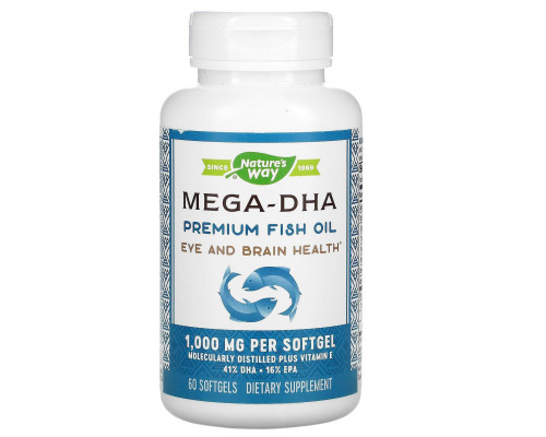 Риб'ячий жир + вітамін Е, Mega-DHA, Nature's Way, концентрат, 1000 мг, 60 гелевих капсул