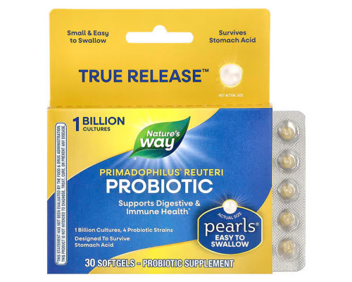 Пробіотики, Primadophilus Reuteri Pearls, Nature's Way, 1 млрд КУО, 30 гелевих капсул