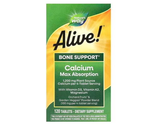 Кальцій, D3, К2 та магній, Alive! Calcium, Max Absorption, Nature's Way, Alive!, зміцнення кісток, максимальне засвоєння, 120 вегетаріанських пігулок