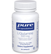 L-глютамин, l-Glutamine, Pure Encapsulations, поддержка иммунитета и пищеварения, здоровья кишечника и восстановления слизистой оболочки, ускорения метаболизма и поддержки мышц, 500 мг, 90 капсул