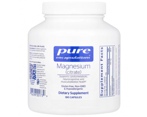 Магній цитрат, Magnesium (citrate), Pure Encapsulations, для сну, здоров'я серця, м'язів та обміну речовин, 150 мг, 180 капсул