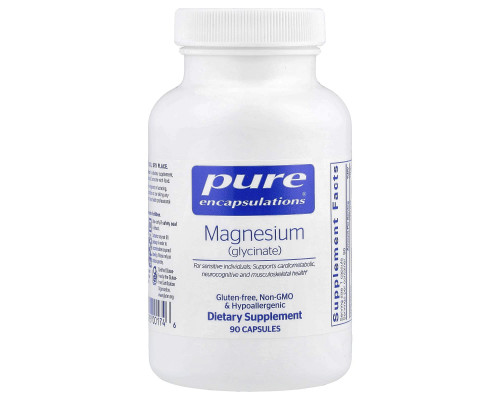 Магній гліцинат, Magnesium (glycinate), Pure Encapsulations, для зняття стресу, сну, здоров'я серця, нервів, м'язів та метаболізму, 120 мг, 90 капсул