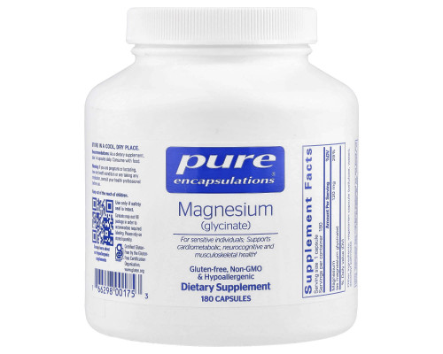 Магній гліцинат, Magnesium (glycinate), Pure Encapsulations, для зняття стресу, сну, здоров'я серця, нервів, м'язів та метаболізму, 120 мг, 180 капсул
