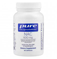NAC (N-ацетилцистеин), NAC (n-acetyl-l-cysteine), Pure Encapsulations, поддержка дыхательной функции, вырtions, поддержка дыхательной функции, выработки глутатиона и детоксикации, 600 мг, 90 капсул