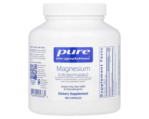 Магній цитрат/малат, Magnesium (citrate/malate), Pure Encapsulations, для підтримки засвоєння поживних речовин, кісток та здоров'я серця, 180 капсул