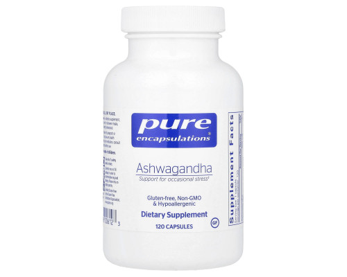 Ашваганда, Ashwagandha, Pure Encapsulations, для підтримки щитовидної залози, суглобів, адаптогенів, розумового зосередження, емоційного благополуччя та пам'яті, 500 мг, 120 капсул