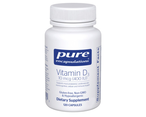 Вітамін D3, Vitamin D3, Pure Encapsulations, підтримка для здоров'я кісток, грудей, простати, серцево-судинної системи, товстої кишки та імунітету, 10 мкг (400 МО), 120 капсул
