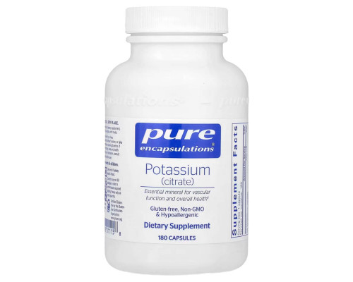 Калій (цитрат), Potassium (citrate), Pure Encapsulations, для підтримки функцій нервів та м'язів, надниркових залоз, гормонів, здоров'я серця та енергії, 200 мг, 180 капсул
