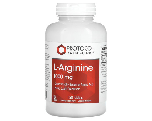 L-аргінін, L-Arginine, Protocol for Life Balance, 1000 мг, 120 веганських таблеток