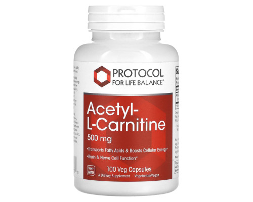 Ацетил-L-карнітин, Acetyl-L-Carnitine, Protocol for Life Balance, 500 мг, 100 веганських капсул