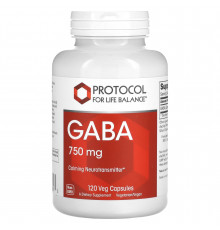 Гамма-аминомасляная кислота, ГАМК, GABA, Protocol for Life Balance, 750 мг, 120 веганских капсул