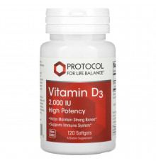 Витамин D3, Vitamin D3, Protocol for Life Balance, высокая эффективность, 2000 МЕ, 120 гелевых капсул