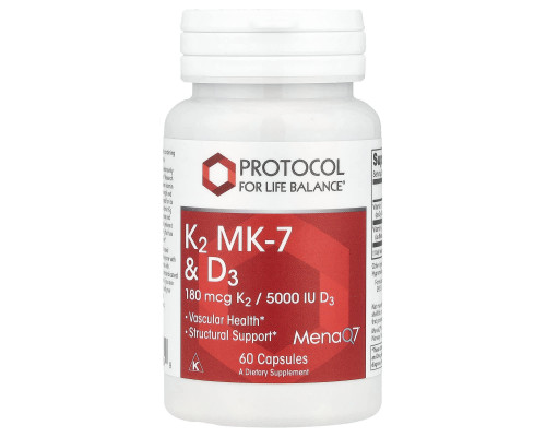 Вітаміни K2 (MK-7) та D3, K2 MK-7 & D3, Protocol for Life Balance, 60 капсул