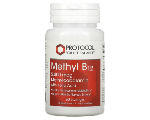 Метилкобаламін з фолієвою кислотою, Methyl B12, Protocol for Life Balance, 5000 мкг, 60 пастилок