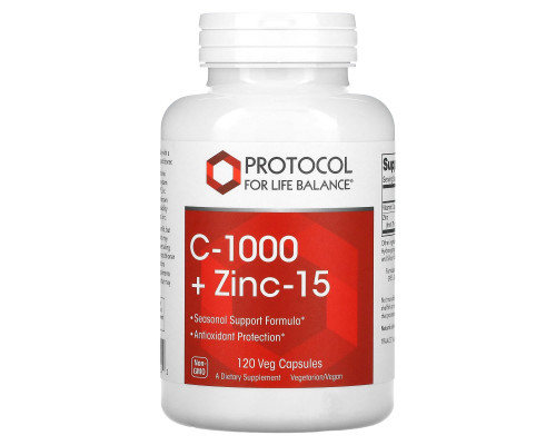 Вітамін C + цинк, C-1000 + Zinc-15, Protocol for Life Balance, 1000 мг/15 мг, 120 веганських капсул