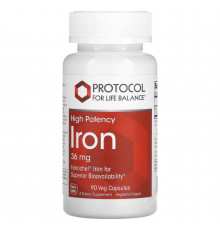 Железо, Iron, Protocol for Life Balance, высокая эффективность, 36 мг, 90 веганских капсул