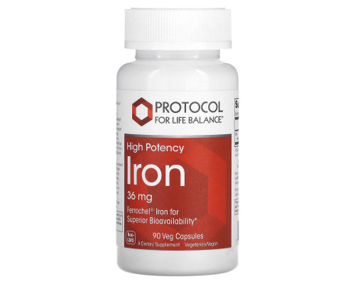Залізо, Iron, Protocol for Life Balance, висока ефективність, 36 мг, 90 веганських капсул