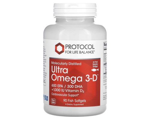 Омега-3 Ультра з вітаміном D3, Ultra Omega 3-D, Protocol for Life Balance, молекулярно-дистильована, 600 ЕПК/300 ДГК, з лимонною олією, 90 рибних гелевих капсул