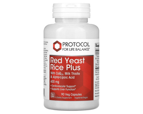 Червоний дріжджовий рис, комплекс, Red Yeast Rice Plus with CoQ10, Milk Thistle & Alpha-Lipoic Acid, Protocol for Life Balance, підтримка печінки, серця і судин, 600 мг, 90 веганських капсул