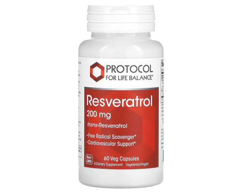 Ресвератрол, Resveratrol, Protocol for Life Balance, 200 мг, 60 веганських капсул