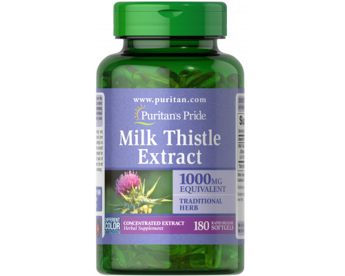Розторопша, Milk Thistle 4: 1 (Silymarin), Puritan's Pride, 1000 мг, 180 гелевих капсул