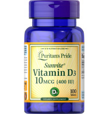 Витамин Д3, Vitamin D3, Puritan's Pride, 400 МЕ, 100 таблеток