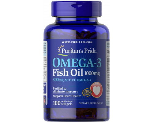 Омега-3 риб'ячий жир, Omega-3 Fish Oil, Puritan's Pride, 1000 мг, 300 мг активного, 100 гелевих капсул